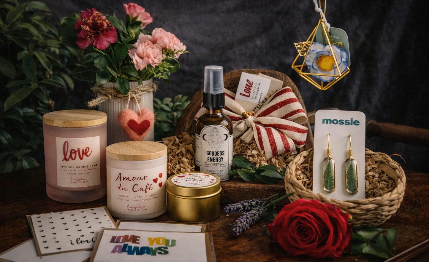 Gifting items including candles, a bottle, and earrings on a wooden surface with a dark background.